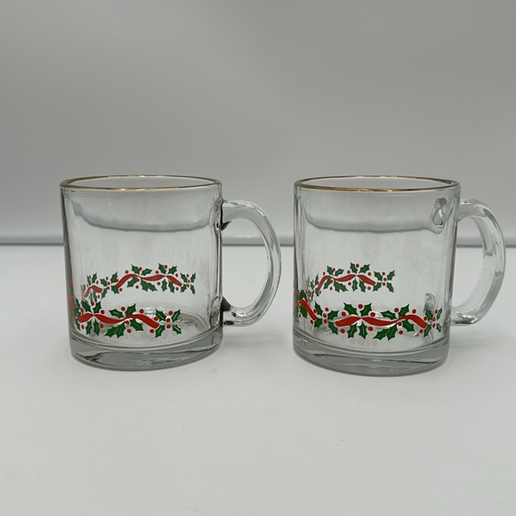 Libbey Glass Coffee Mugs Christmas Holly & Ribbon set of 2 - Picture 3 of 16